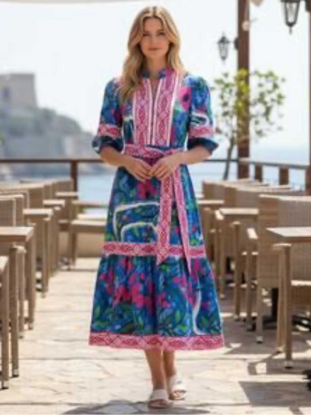 CELINA MOON Blue Three-quarter Sleeve Stamp Print Midi Dress XL